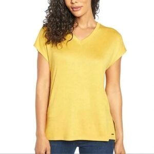 Orvis Women's Short Sleeve V-Neck Tunic Knit Top Size Medium Yellow